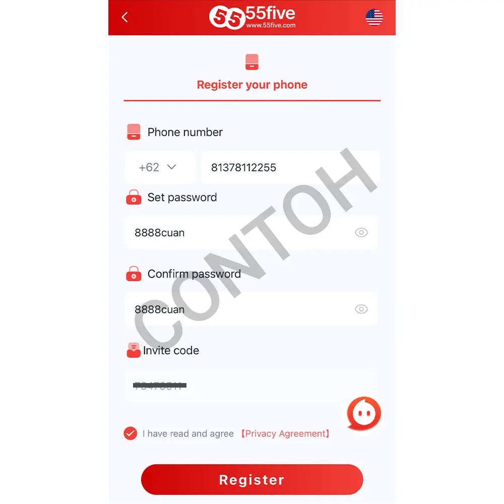 Contoh cara daftar 55five